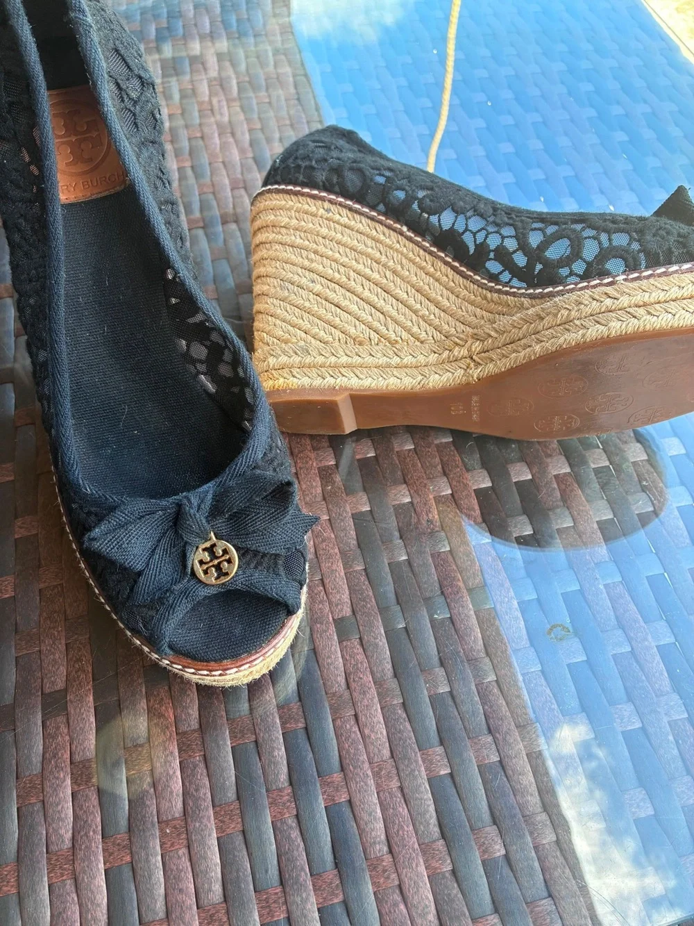 Tory Burch Black Lace Espadrille Wedge with Gold Logo